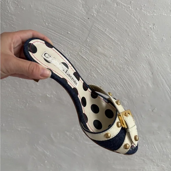 Christian Lacroix Black and White Polka Dot Kitten Heel Mules - Picture 2 of 9